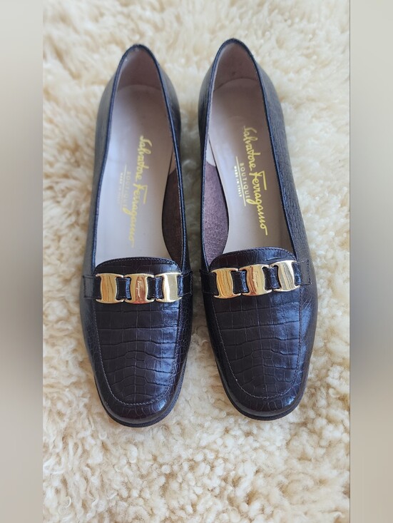 Salvatore Ferragamo Shoes - Salvatore Ferragamo Brown Croc-Embossed Leather Loafers with Gold Bit